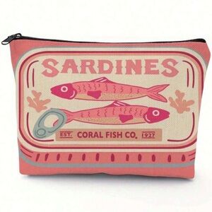 New Pink and Cream Sardines Make Up Carryall Canvas Zip Top Pouch OS